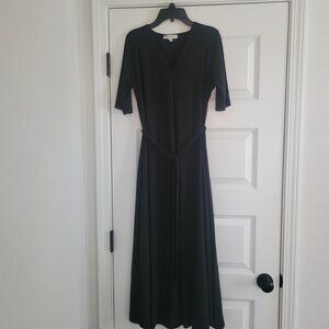 Chaus New York Black Dress sz L V Neck Elbow Sleeves Belt Midi Length Fitted